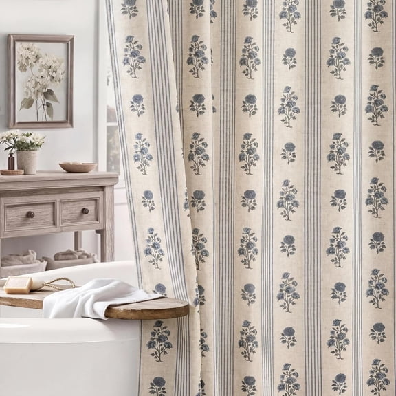 Cottagecore Floral Linen Shower Curtain, Light Blue Block Print with Neutral Striped Design, 72x72 for Farmhouse French Country Bathroom