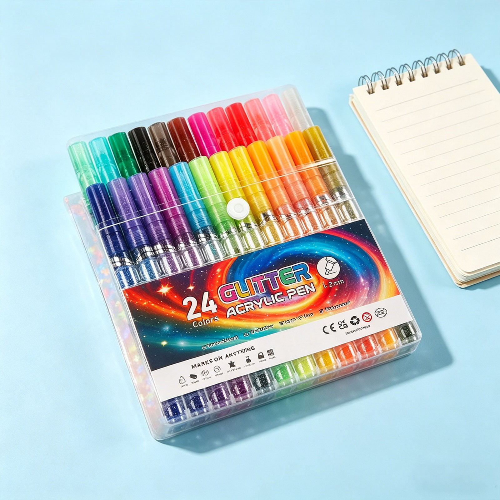 Glitter Acrylic Paint Pens - Water Based Markers 1-2mm Tips for Painting, Journaling, DIY Crafts & Rock Painting - 24 Color Set