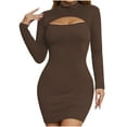 thumbnail image 3 of Swuxness Women Long Sleeves Bodycon Dresses, Women Casual Mini Dresses, Women's Solid Color Crew Neck Slim Bodycon Comfortable Mini Short Dress Brown, M, 3 of 5