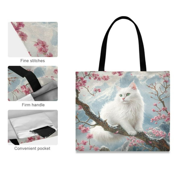 Canvas Tote Bag for Women Girls Design Print White Cat on Cherry Blossom Branch Tote