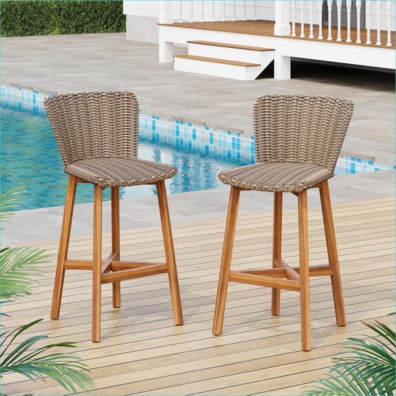 Outdoor Bar Stools, For Patio Home Bar Cafe Commercial Use, Set of 2, 330lbs Capacity, Ergonomic Backrest | Acacia Wood,Wicker | Light Brown,Teak