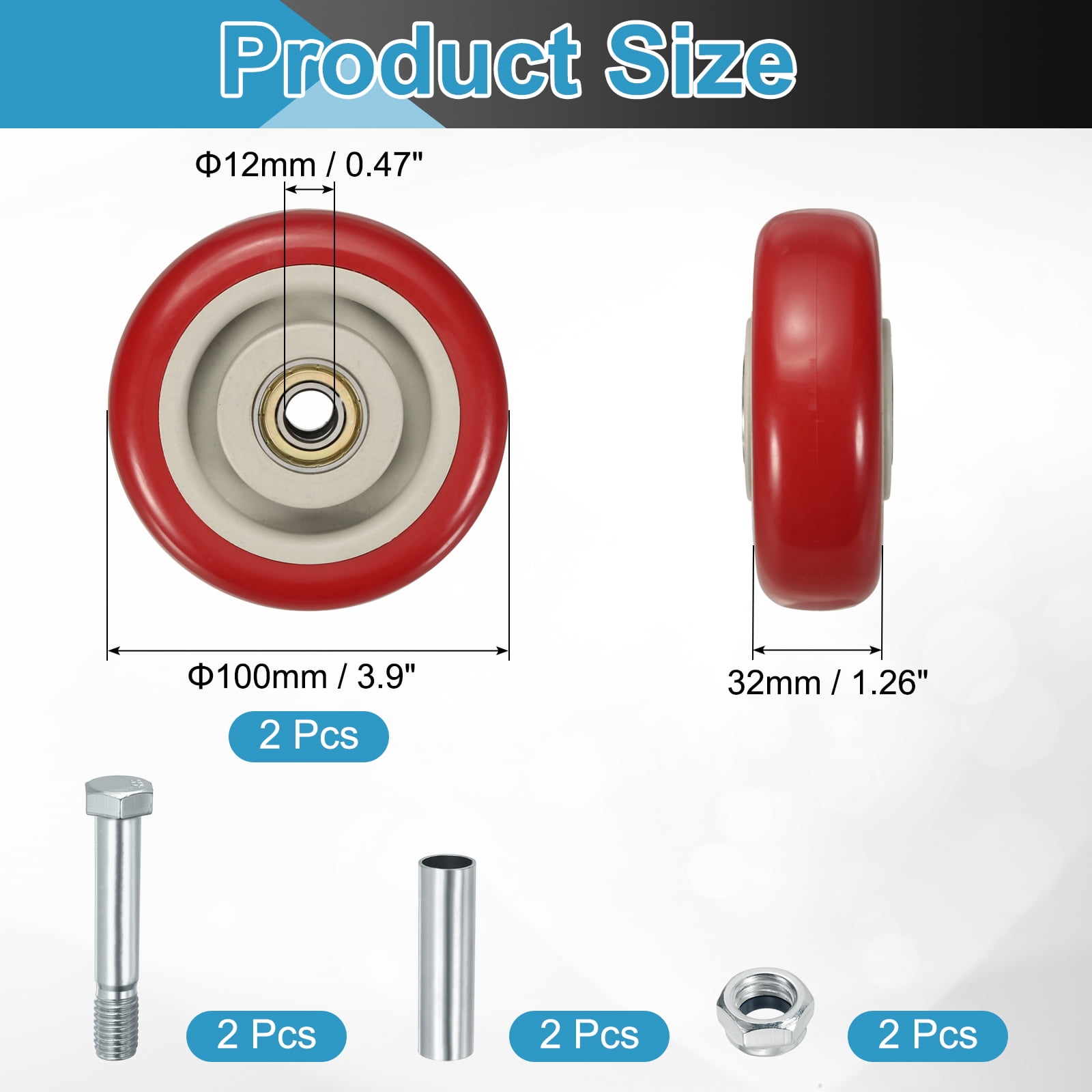 Uxcell 2 Pack Caster Wheels, 3.9 in Nylon Silent Heavy Duty Plate Caster with 3/8" Bore Cart Wheels Replacement for Furniture, Red