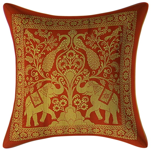 Stylo Culture Indian Sofa Brocade Red And Gold Throw Pillow Covers 12x12 Jacquard Weave Banarasi Decorative Pillow Cases Elephant Peacock 30x30 cm Cushion Covers (1 Pc)
