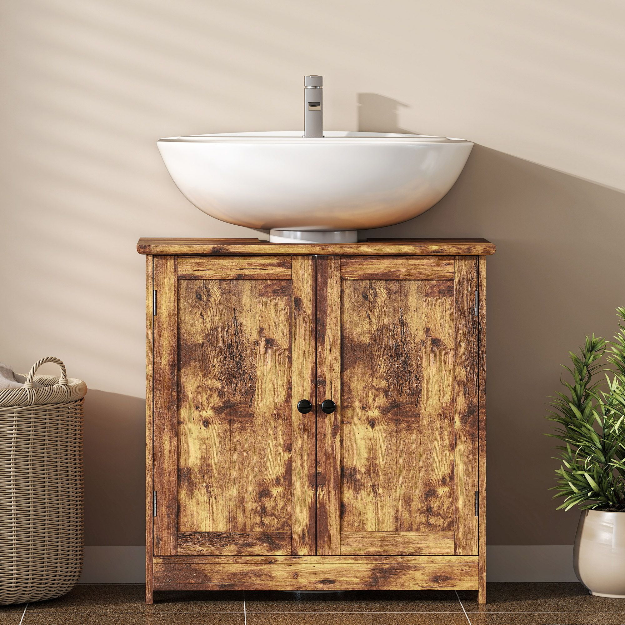 Bathroom Vanity Cabinet, Under Sink Organizer with Doors, Adjustable Shelf, Rustic Brown - Space Saving Bathroom Storage