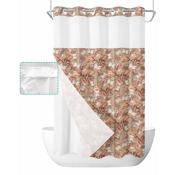 No Hook Shower Curtain with Snap in Liner, Flower Retro Luxury Floral Butterflies and Leaves Hotel Shower Curtains for Bathroom, Washable Shower Curtain Liner Set with Mesh Top Window, 36"x78"