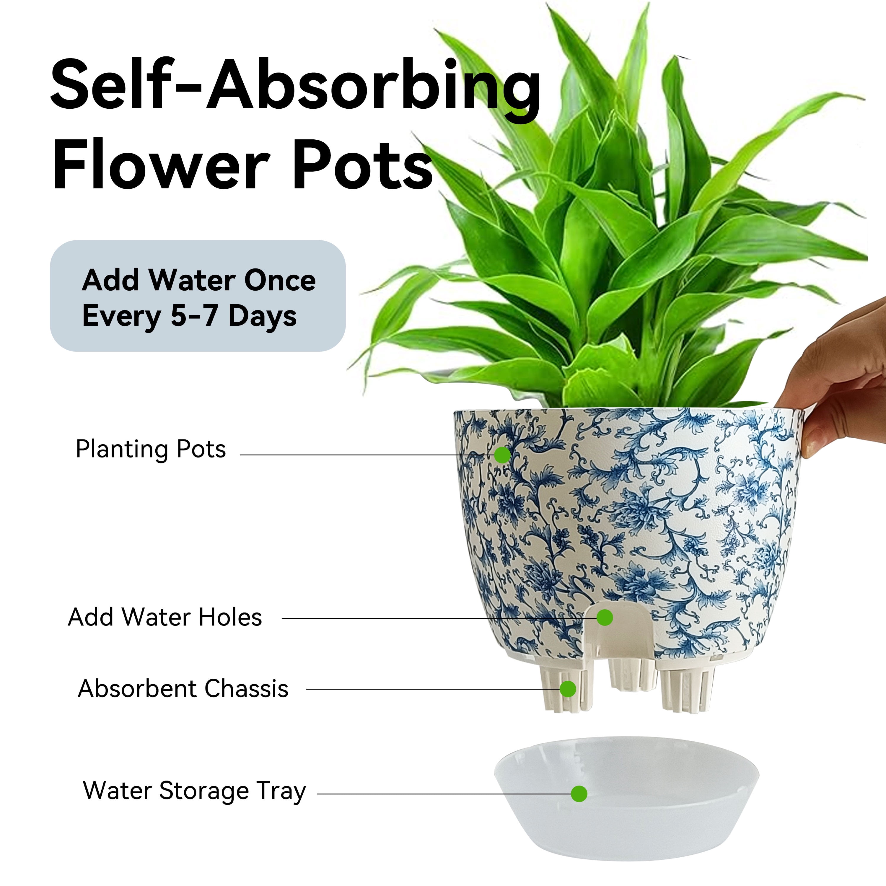 Self Watering Flower Pots Set, 2Pack 6 Inch Self Watering Pots for Indoor Outdoor Plants, Plastic Planter with Drainage Holes and Deep Reservoir for African Violet, Spider, Orchid