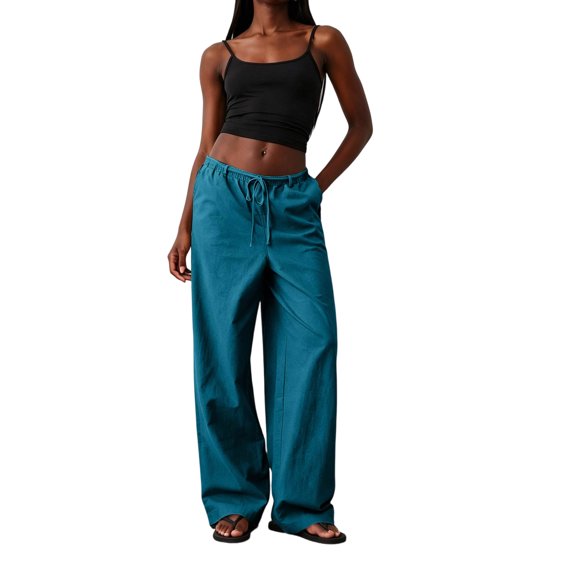 Sewkxo Women's Wide Leg Beach Pants Elastic Waist Lightweight Casual Palazzo Lounge Trousers with Pockets,Sky Blue 2XL