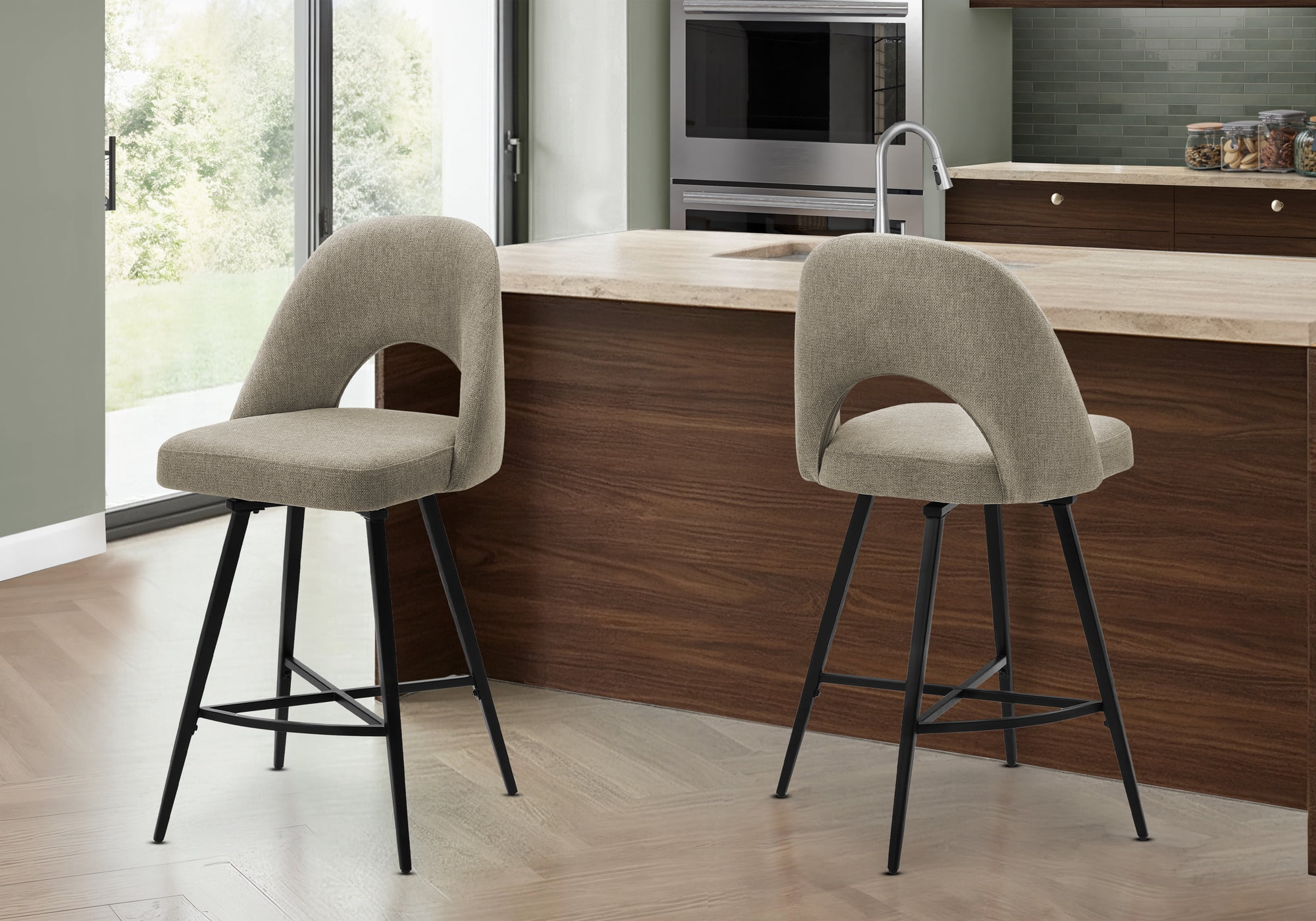 Monarch Specialties - I 1254 Barstool, 39" Height, Set Of 2, Swivel, Kitchen, Beige Fabric