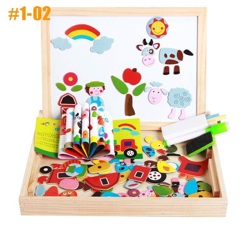 Yapott Educational Magnetic Box with Whiteboard and Chalkboard Jigsaw Board Wooden Puzzle Toy