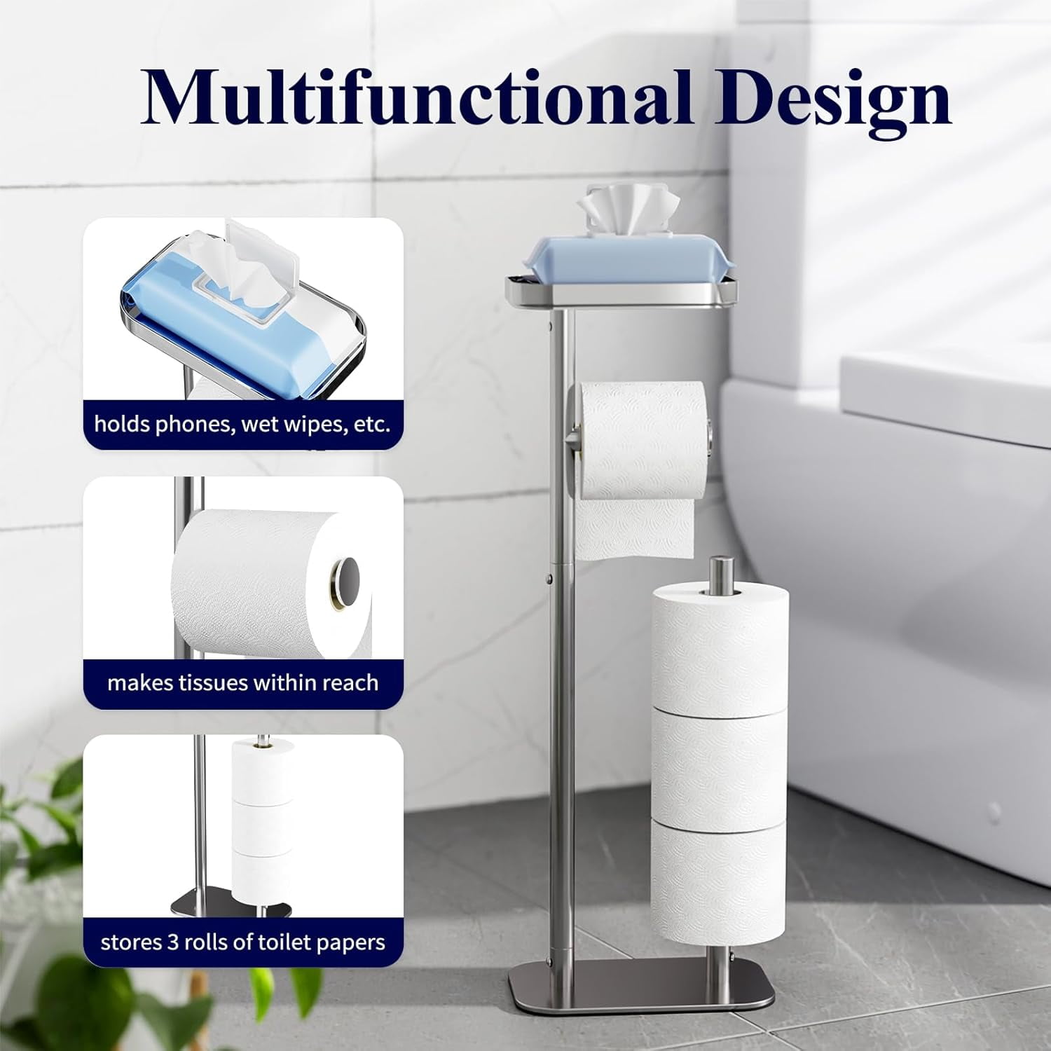 Toilet Paper Holder Free Standing – Rustproof Metal Toilet Paper Stand for 4 Rolls with Anti-Slip Base and Shelf for Phone & Small Items, Bathroom Organizers and Storage, Medium
