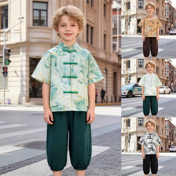 Toddler Boy Outfits Boys Summer Button Cropped Pants and Short Sleeve Top Casual Set Boys' Clothing Sets Black 2-3 Years