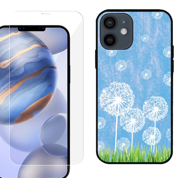 Slim-Fit Protective Phone Case (Black) compatible with iPhone 12 / iPhone 12 Pro, with Tempered Glass Screen Protector, by OneToughShield ® - Dandelion Sky