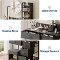 thumbnail image 3 of Modern Vanity Desk with Mirror & Adjustable LED Lights, 4 Fabric Drawers, Power Outlet, Hair Dryer Rack, Storage Shelves, Makeup Table for Bedroom – Elegant Black, Perfect for Girls & Women, 3 of 7