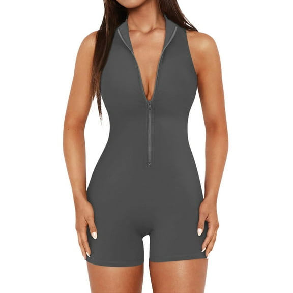 Athletic Romper for Women Summer Skinny High Neck Zip Front Mini Jumpsuit Tight Racerback Yoga Workout Bodysuit Outfits, Gray, L