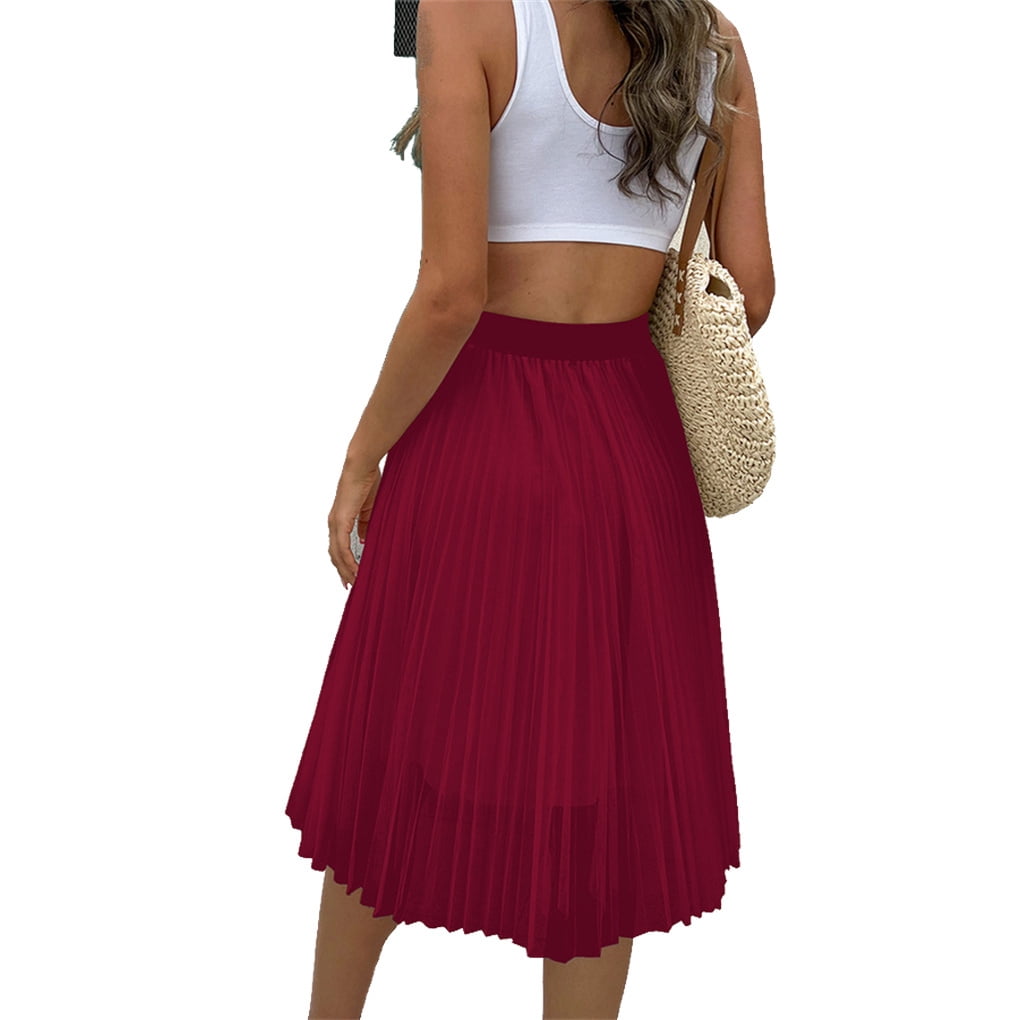 Thinsony Woman High Waist Skirt Girls Party Banquet Traveling Hiking Pleated Casual Style Loose Skirts Polyester Holiday Present Wine Red XL