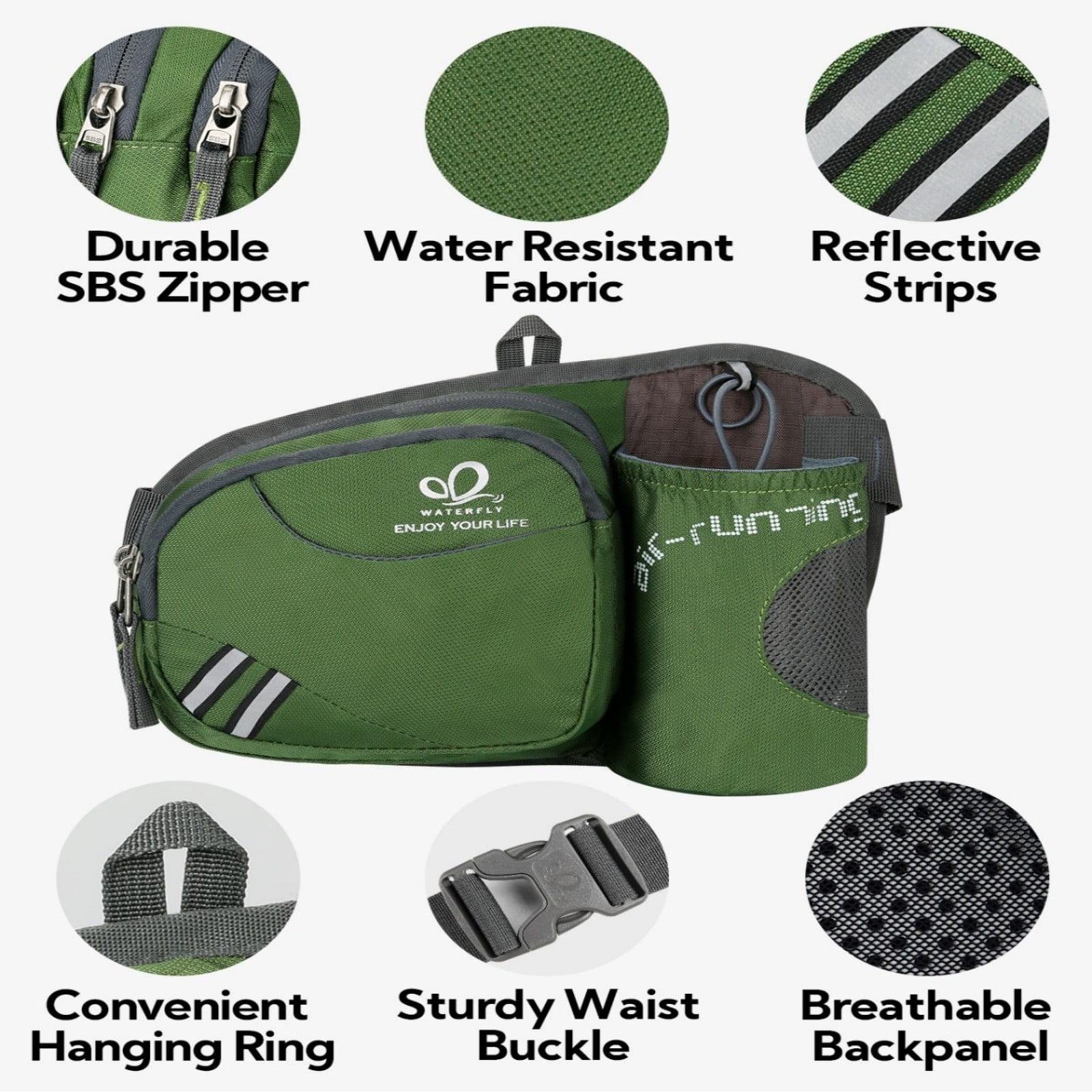 WATERFLY Unisex 3.5L Nylon Fanny Packs with a Water Bottle Holder Travelling Hiking Walking,Army Green