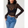thumbnail image 4 of Women Rhinestone Sparkly Long Sleeve Sheer Crop Top See Through Shirt Glitter Going Out Tops Black L, 4 of 9