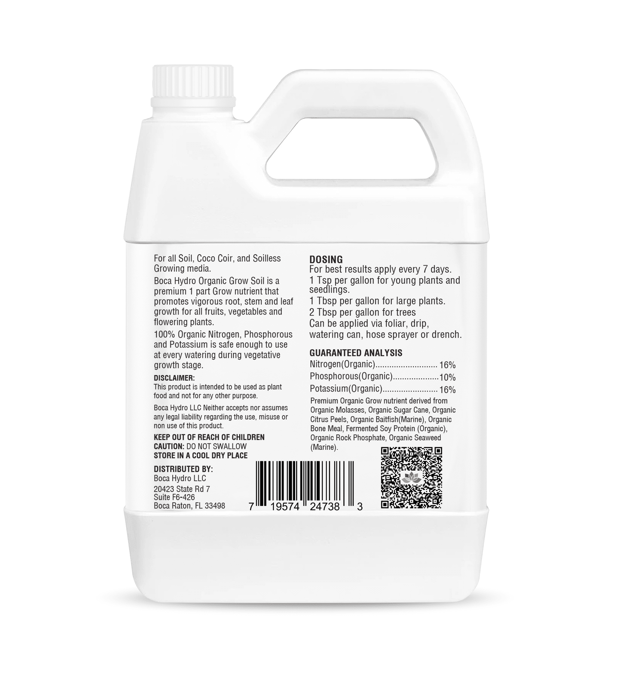 Boca Hydro Grow Soil – Organic Liquid Plant Food 16-10-16 NPK | Base Grow Fertilizer with Amino Acids & Micronutrients | Complete Organic Nutrition for Strong Vegetative Growth, Healthy Roots, and Vi