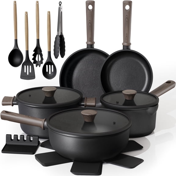 Astercook 18-Piece Pots and Pans Set, Black Titanium Induction Nonstick Cookware Set, Oven Safe to 480°F, Induction Compatible & Dishwasher Safe, Kitchen Cooking Set for RV Trips, Camping and Picnic