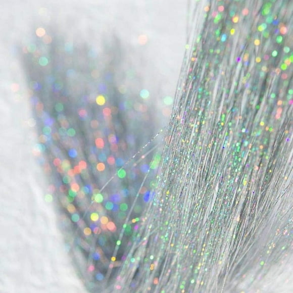 47" Holographic Hair Tinsel Kit Shining Silver Professional Sparkle Heat-Resistant Silk Hairpieces, Hair Accessories for Girls, Party Hair, Gifts for Girls (1000 Strands, Shining Silver)