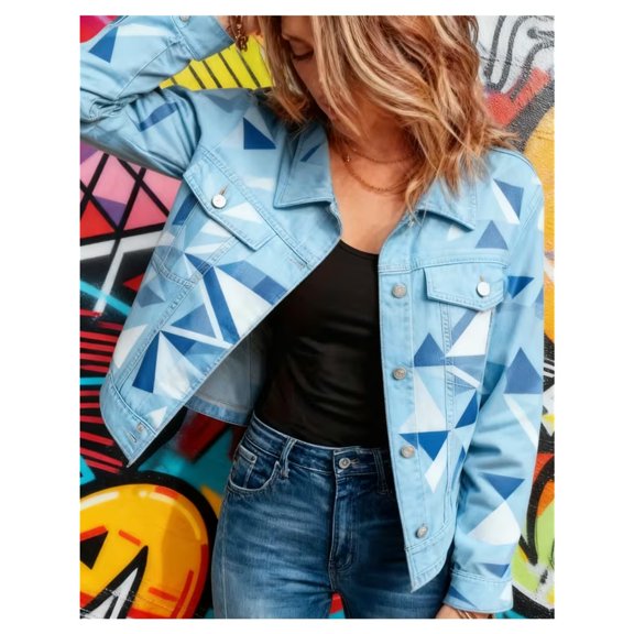 Women Fashion Printed Short Cropped Jean Jacket, Regular Fit Button‑Front Denim Outerwear, Casual Layering Coat for Spring and Fall
