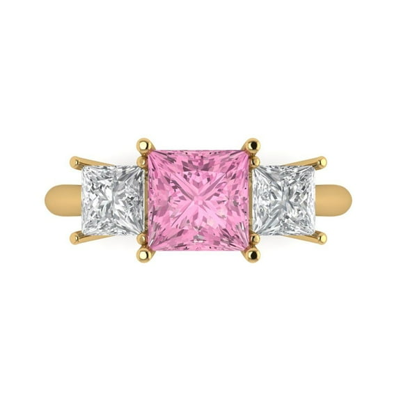 2.5 ct Princess Cut Simulated Pink Diamond Three-Stone Engagement Ring for Women in 14K Yellow Gold