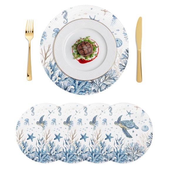 Round Placemats Summer Marine Life 15 inch Set of 4 Table Mats for Dining Table Coastal Sea Turtle Corals Nautical White Heat Resistant Non-Slip Kitchen & Home Decorative Place Mat Set