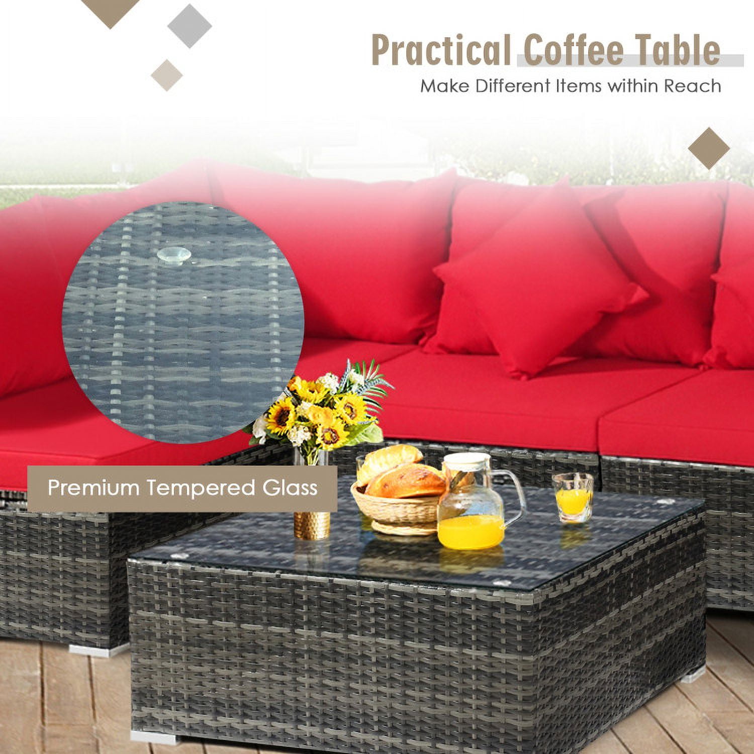 Aimee Lii 7 Pieces Patio Rattan Furniture Set Sectional Sofa Garden Cushion, Outdoor Deck Furniture, Red Aimee Lii 7 Pieces Patio Rattan Furniture Set Sectional Sofa Garden Cushion, Outdoor Deck Furniture, Red