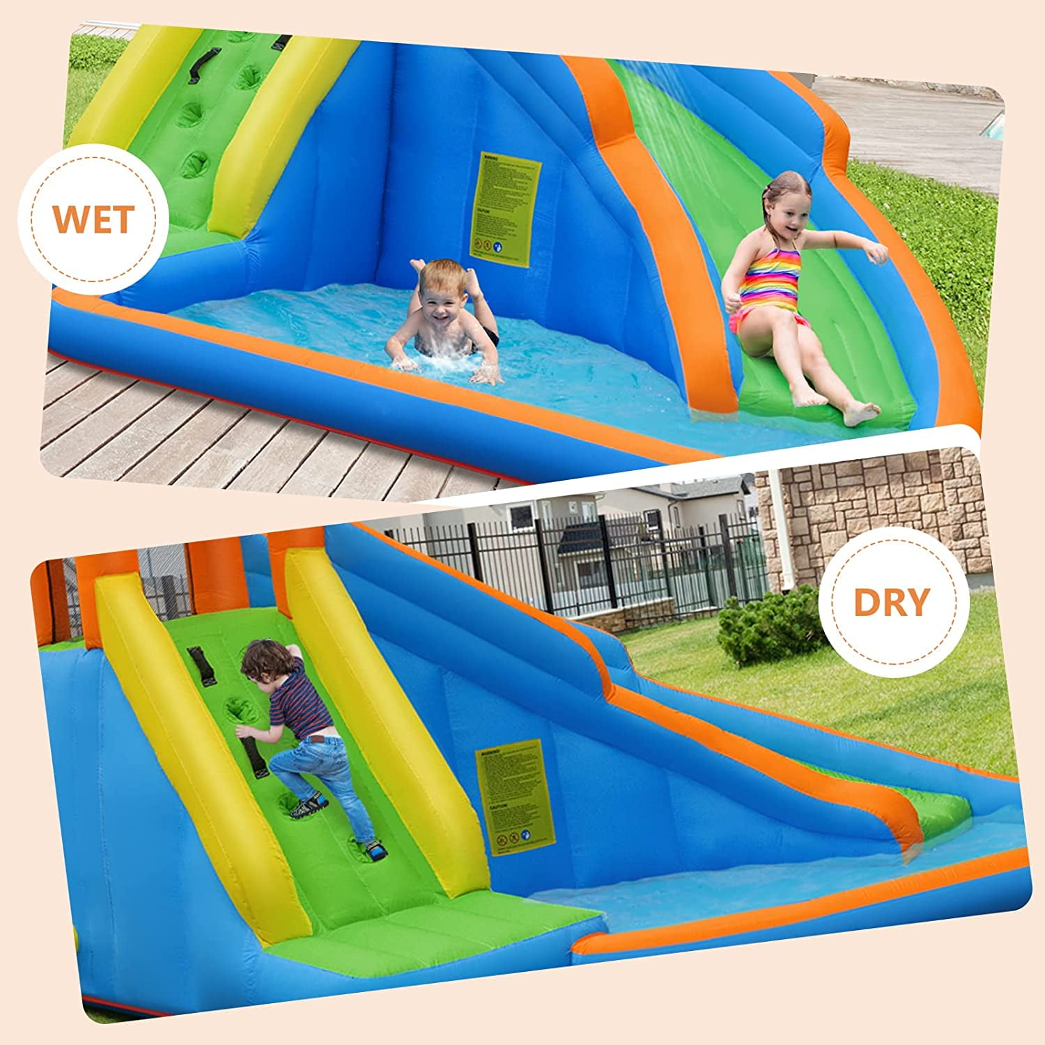 OLAKIDS Inflatable Water Slide, Bounce House Water Park with Slide Climbing Wall Splash Pool, Indoor Outdoor Jumping Castle Obstacle Course for Kids Backyard with Carrying Bag Repairing Kit Stakes
