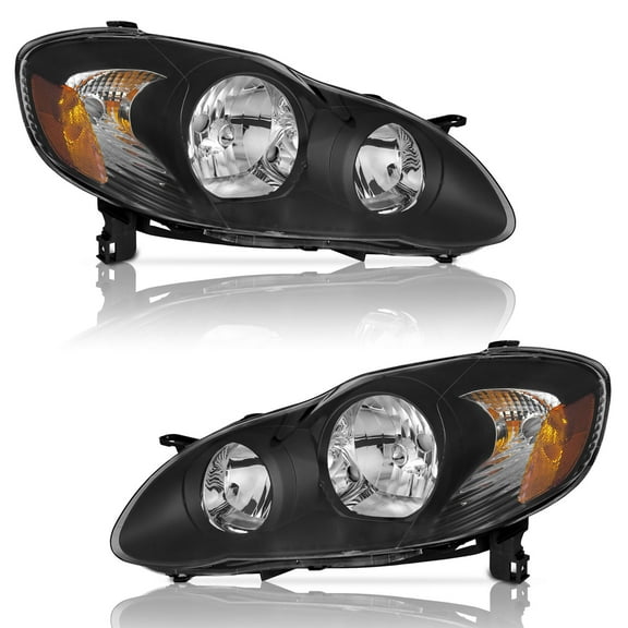 WEELMOTO for 2003-2008 Toyota Corolla Headlights Assembly, Headlamp Replacement Headlight Assemblies Black Housing Amber Reflector Left Right Pair Set