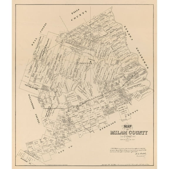 Historic County Map - Milam County Texas - Walsh 1879 - Vintage Wall Art