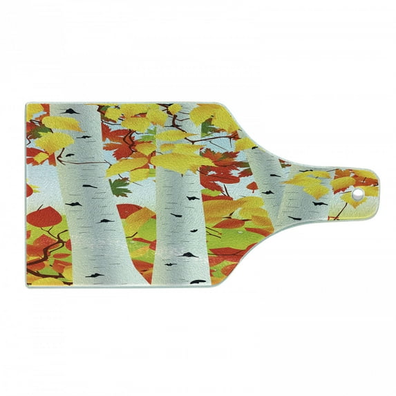 Fall Cutting Board, Autumn Scene with Orange Fallen Leaves Dying Nature Cycle of Life Theme, Decorative Tempered Glass Cutting and Serving Board, Wine Bottle Shape, Mustard Orange Green, by Ambesonne