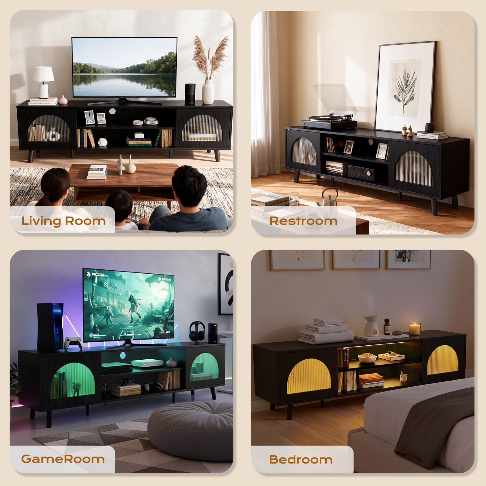 Ktaxon Modern LED TV Stand with 2 Fluted Arched Doors, 63" Entertainment Center Media Gaming Console for 55/60/65" TVs with RGB Lighting, Black