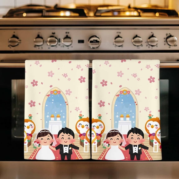 Japanese Wedding Kitchen Towels Set of 1, Cute Owls Cherry Blossoms Beige Absorbent Dish Towels for Kitchen, Microfiber Hand Towel, Quick Drying Tea Towel for Cleaning Decorative Dishcloths