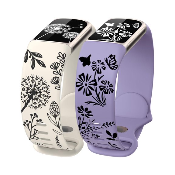 Wearlizer Dual-Tone Engraved Bands Compatible with Charge 6/Charge 5 - Floral Silicone Wristbands for Women, 2 Interchangeable Nature Designs (Dandelion & Wildflower)