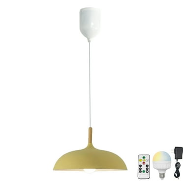 FSLiving Battery Rechargeable Operated Pendant Light with Remote,Wooden Handle Hanging Light with Metal Macaron Yellow Shade,Adjustable Height RGB Color,Timer,Dimmable Lamp for Corner Decor - 1 Light
