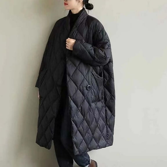 Women's Winter Quilted Jacket Lightweight Warm Oversized Outwear Cotton Padded Button Long Coat Black L