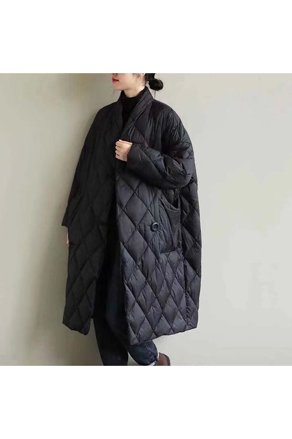 Women's Winter Quilted Jacket Lightweight Warm Oversized Outwear Cotton Padded Button Long Coat Black L