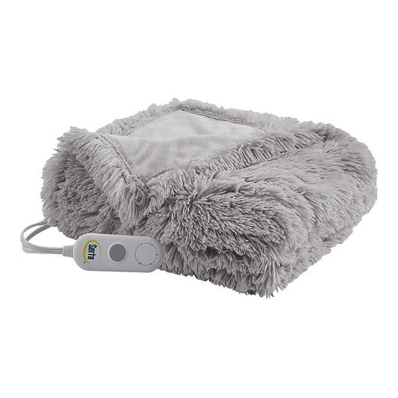 Serta Polyester Fabric Shaggy Fur Heated Electric Throw in Gray