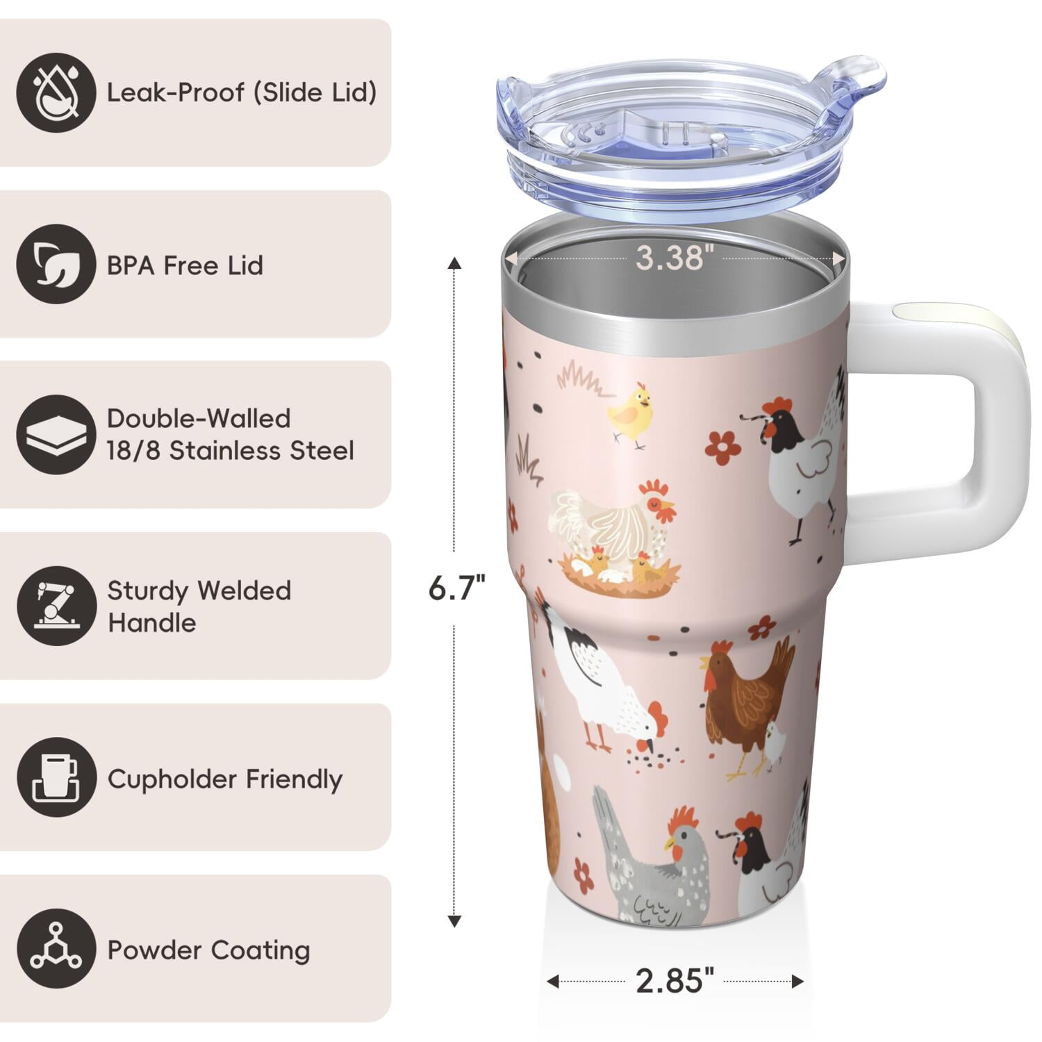 20oz Chicken Art Tumbler with Handle Insulated Travel Mug Special Birthday Christmas Gift for Chicken Enthusiasts Women Men Fits Car Cup Holders Wide Mouth for Ice Comfortable Grip Trips Commutes