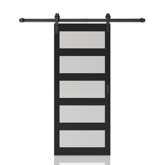 42 in. x 84 in. 5-Lite Tempered Frosted Glass Black MDF Assembly Required Interior Sliding Barn Door with Hardware Kit