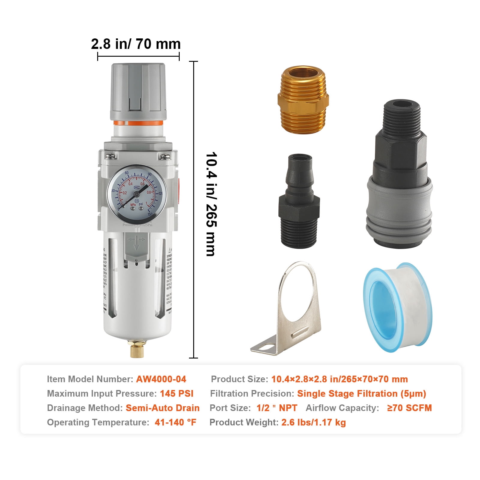 BENTISM Air Compressor Filter Regulator, 1/2" NPT 5μm Air Dryer for Compressor, Single Stage Semi-Auto Air Compressor Water Separator with Brass Filter Element