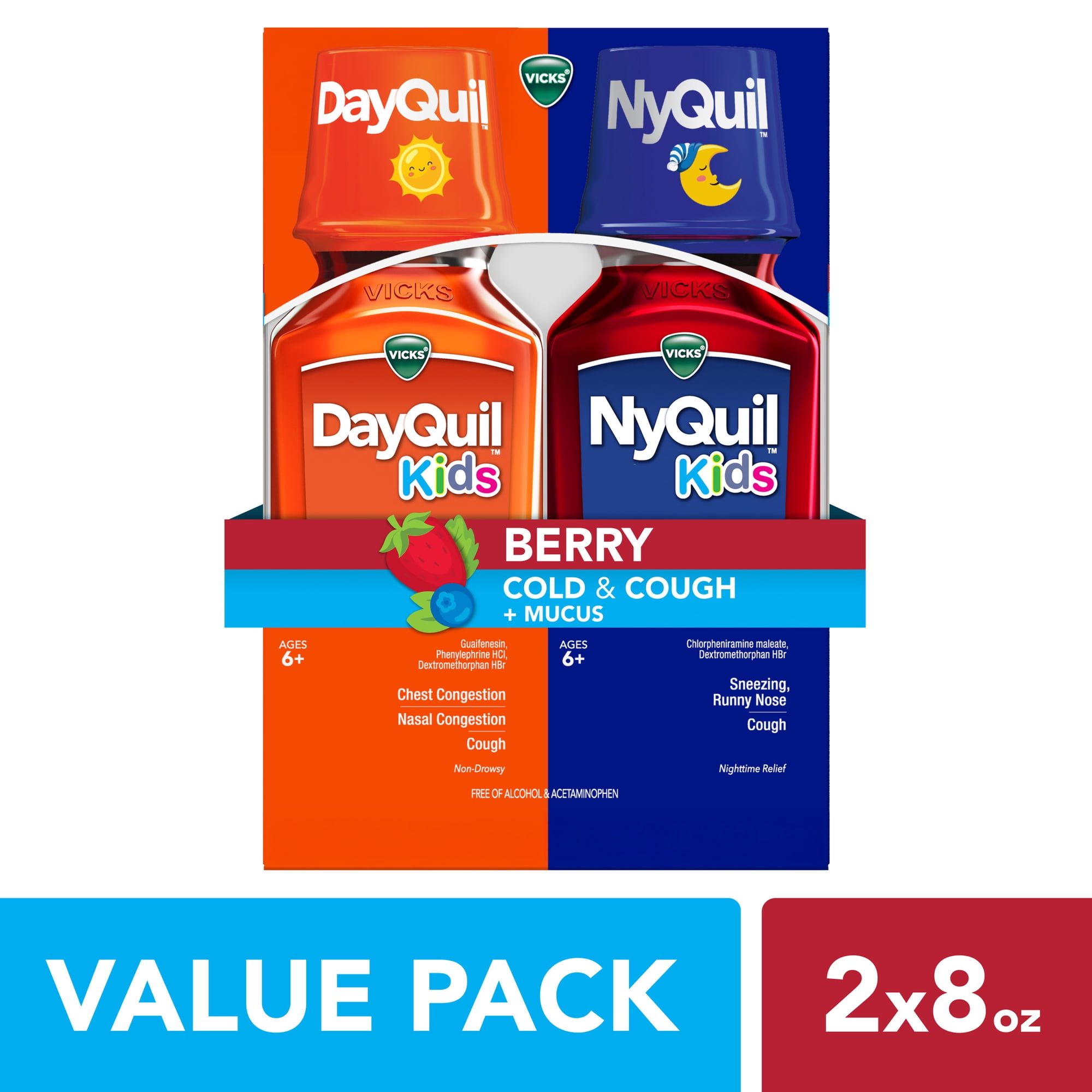 VICKS DayQuil and NyQuil Kids Cold & Cough Liquid, Cold Medicine for Children, Berry, 2x8 fl oz