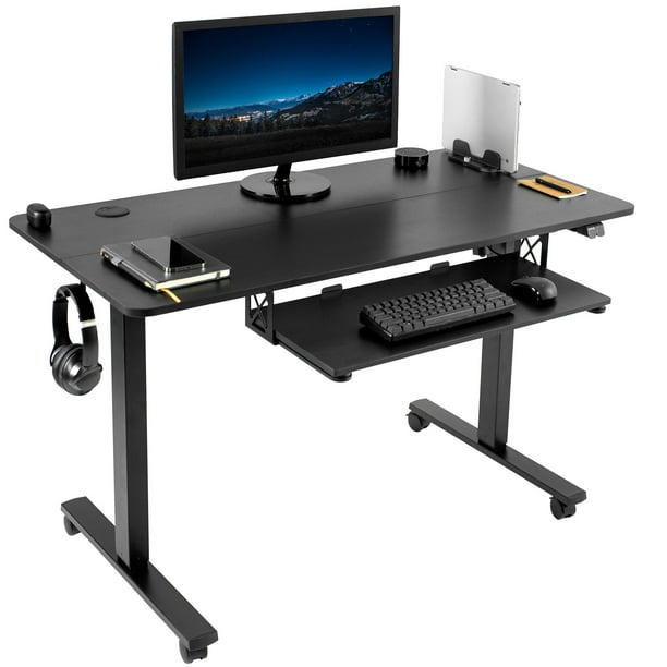 VIVO Black Electric 48" x 24" Mobile Sit Stand Desk with Hooks and