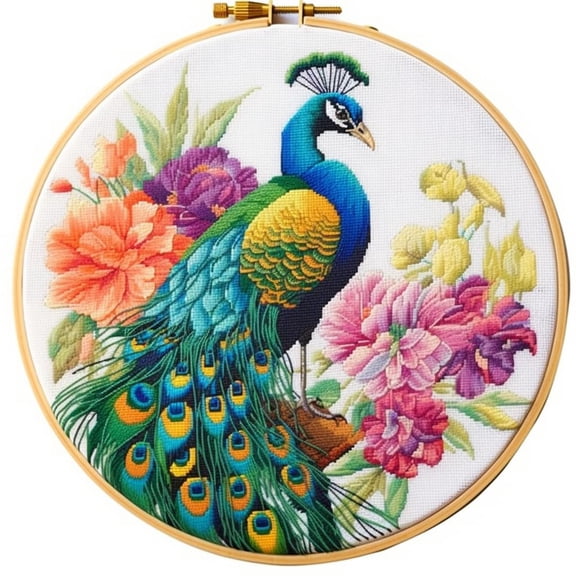 Peacock DIY Stamped Cross Stitch Kits for Beginners Easy with Hoop 11CT Needlepoint Embroidery Counted Cross Stitch Kits Art Craft Wall Decor and Gift 35x35cm(4)