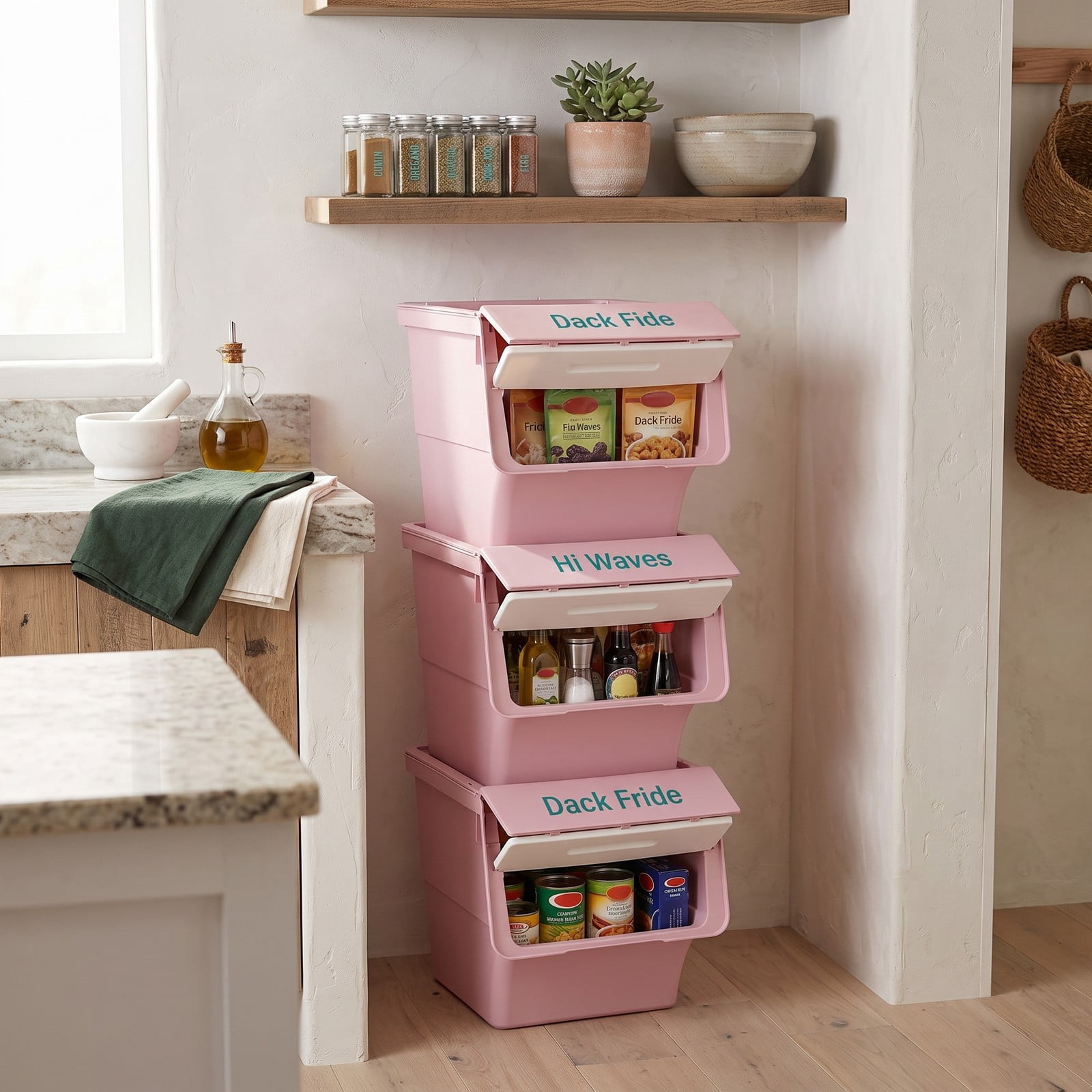 Furnibear Set of 3 Stackable 35 QT Storage Bins on Wheels with Flip Door and Stay-Open Lid for Bedroom and Closet Use, Pink