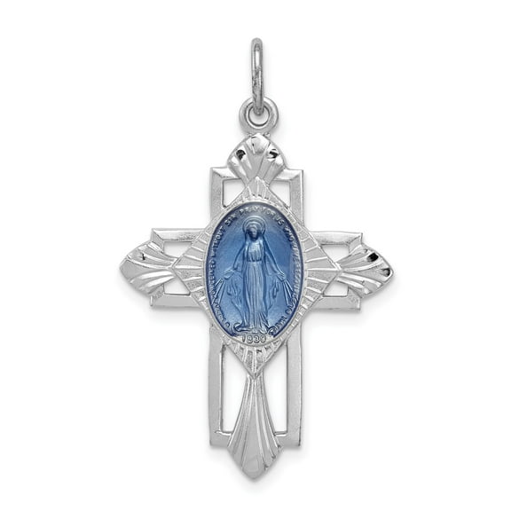 Sterling Silver Cross Pendant Necklace for Men and Women with Blue Enamel Virgin Mary Medallion Religious Jewelry Spiritual Faith Symbol Modern Layered Design