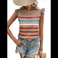 thumbnail image 2 of Camiseta de Verano con Cuello Redondo, Estampado de Rayas y Volantes de Encaje y Mangas para Mujer Caqui XL, 2 of 7