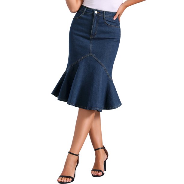 Falda de mezclilla con cola de pez CURVOSPORT para mujer, falda ajustada de cintura alta con volantes, XL azul profundo