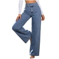 thumbnail image 4 of Costeam Womens High Waist Wide Leg Jeans Double Button Closure with Front Seam Detail Vintage Washed Denim Pants Casual Straight Leg Full Length Trousers, 4 of 9